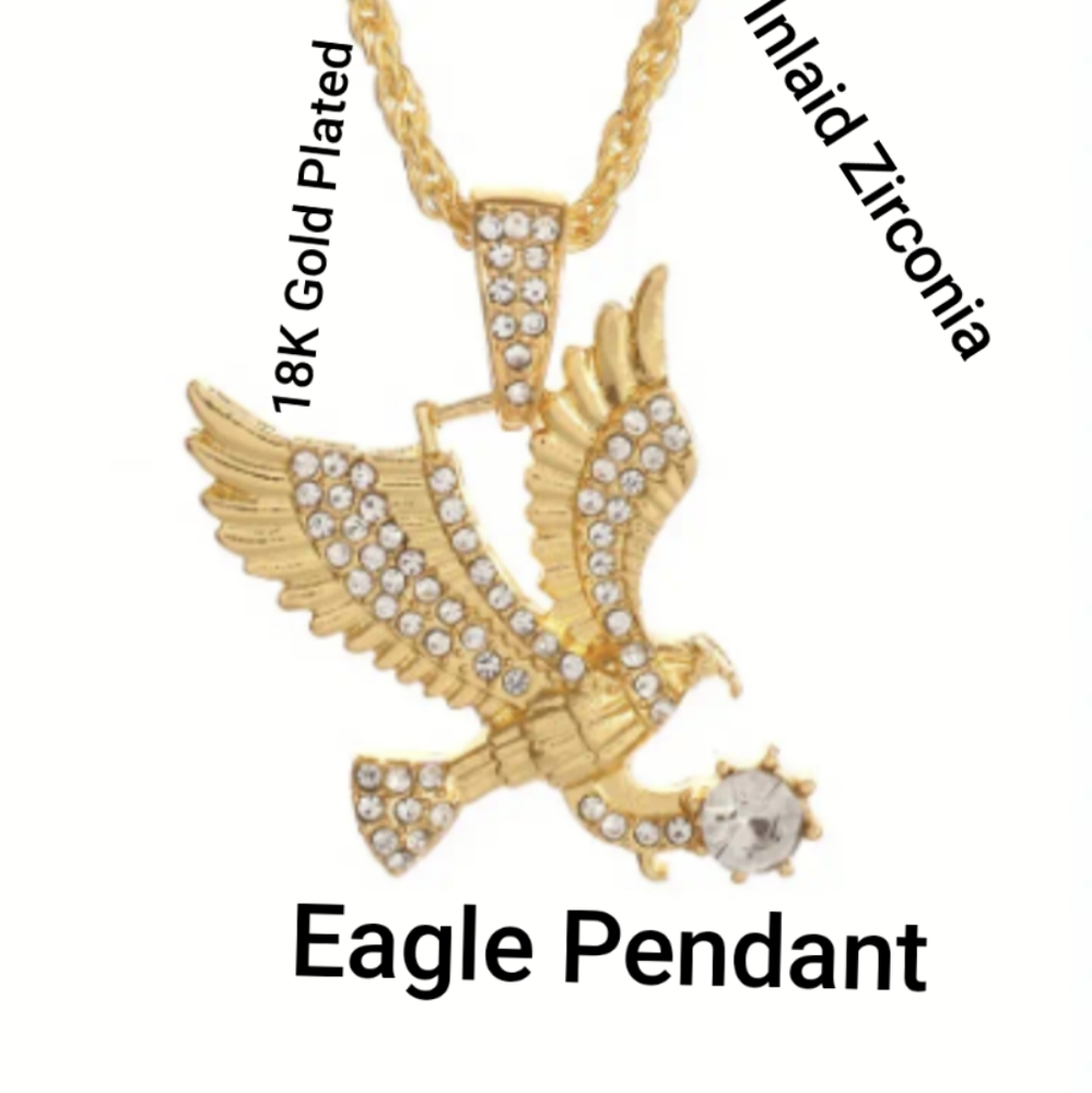 🆕Stainless Steel 18K Gold Plated w/Inlaid Cubic Zirconia Eagle Pendant